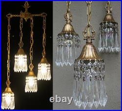 Vintage lamp chandelier hanging Swag tole brass Deco style Lily crystal prisms