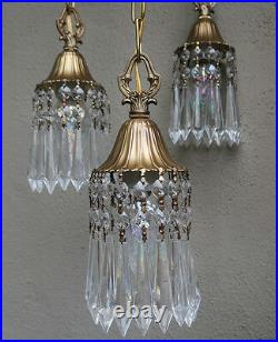 Vintage lamp chandelier hanging Swag tole brass Deco style Lily crystal prisms