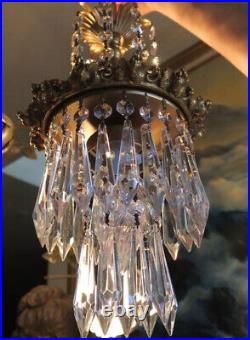 Vintage lamp waterfall Hanging Swag Brass Spelter Chandelier crystal prism grape