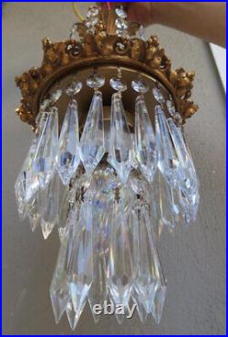 Vintage lamp waterfall Hanging Swag Brass Spelter Chandelier crystal prism grape