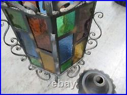 Vintage metal stained- glass hanging lamp MCM multi-colored reflecting lights