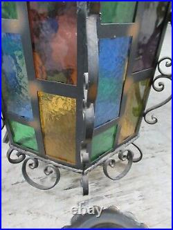 Vintage metal stained- glass hanging lamp MCM multi-colored reflecting lights