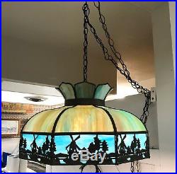 Vintage or Antique Dutch Windmill Slag Stained Glass Ceiling Hanging Light Lamp