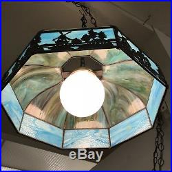 Vintage or Antique Dutch Windmill Slag Stained Glass Ceiling Hanging Light Lamp