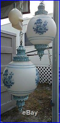 Vintage pair shabby chic white satin glass hanging pendat lamps blue flowers 60s