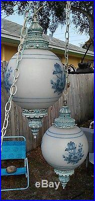 Vintage pair shabby chic white satin glass hanging pendat lamps blue flowers 60s