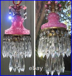 Vintage rose pink lady cupcake glass Opaline crystal Brass SWAG lamp chandelier