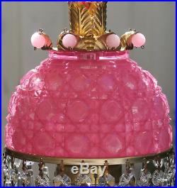Vintage rose pink lady cupcake glass crystal Brass hanging SWAG lamp chandelier