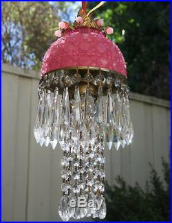 Vintage rose pink lady cupcake glass crystal Brass hanging SWAG lamp chandelier