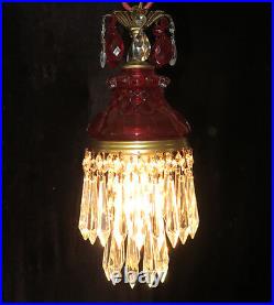 Vintage ruby Lady Cupcake glass crystal prism Brass SWAG lamp chandelier pendant
