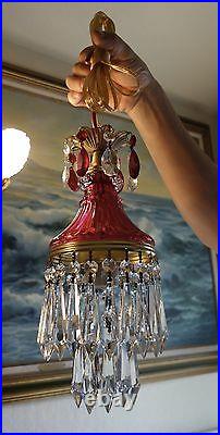 Vintage ruby red Lady cupcake glass crystal Brass SWAG lamp chandelier lighting