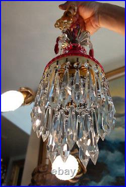 Vintage ruby red Lady cupcake glass crystal Brass SWAG lamp chandelier lighting