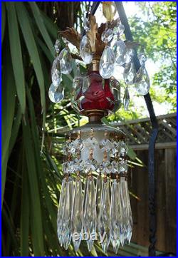 Vintage ruby red pressed glass small petite Brass hanging lamp chandelier crysta