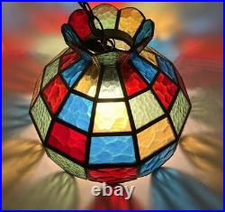 Vintage stained glass hanging lamp. Classic 1970's. Colorful! Textured slag glas