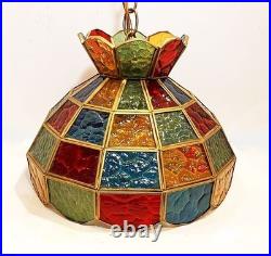 Vintage stained glass hanging lamp. Classic 1970's. Colorful! Textured slag glas
