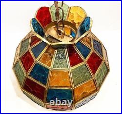 Vintage stained glass hanging lamp. Classic 1970's. Colorful! Textured slag glas
