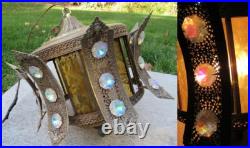 Vintage swag lamp amber glass JEWELED candle large RETRO MID CENTURY