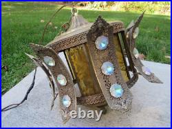 Vintage swag lamp amber glass JEWELED candle large RETRO MID CENTURY