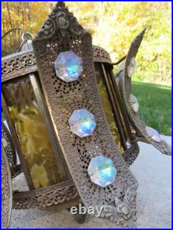 Vintage swag lamp amber glass JEWELED candle large RETRO MID CENTURY