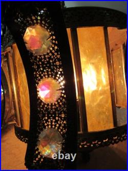 Vintage swag lamp amber glass JEWELED candle large RETRO MID CENTURY