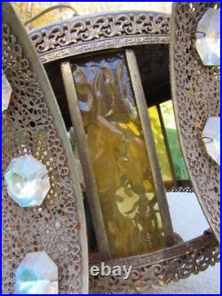 Vintage swag lamp amber glass JEWELED candle large RETRO MID CENTURY