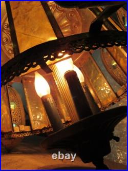 Vintage swag lamp amber glass JEWELED candle large RETRO MID CENTURY