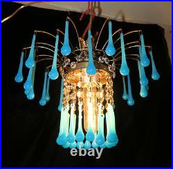 Vintage waterfall Opaline Blue Aqua Blue Tole brass SWAG lamp crystal chandelier