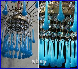 Vintage waterfall Opaline Blue Aqua Blue Tole brass SWAG lamp crystal chandelier