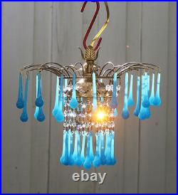 Vintage waterfall Opaline Blue Tole brass SWAG lamp crystal chandelier Hollywood