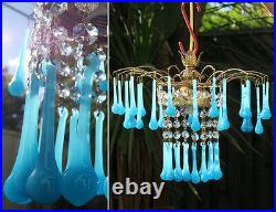 Vintage waterfall Opaline Blue Tole brass SWAG lamp crystal chandelier Hollywood