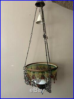 Vtg 1800's Cast Metal Victorian Hanging Oil Lamp Frame Beads Ceramic