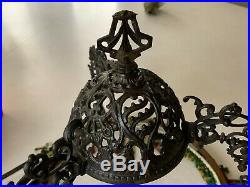 Vtg 1800's Cast Metal Victorian Hanging Oil Lamp Frame Beads Ceramic