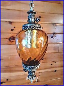 Vtg 1960's-70's MCM Retro Amber Swirl Glass Hanging Swag Lamp/Light