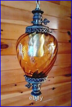 Vtg 1960's-70's MCM Retro Amber Swirl Glass Hanging Swag Lamp/Light