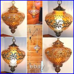 Vtg 1960's-70's Retro Amber Carnival Iridescent Coinspot Glass Swag Light/Lamp