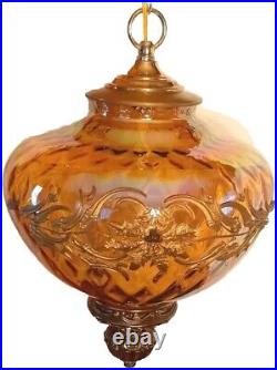 Vtg 1960's-70's Retro Amber Carnival Iridescent Coinspot Glass Swag Light/Lamp