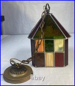 Vtg 1960's Stained Glass Swag Hanging Light Fixture Pendant Lantern 12 x 8.5
