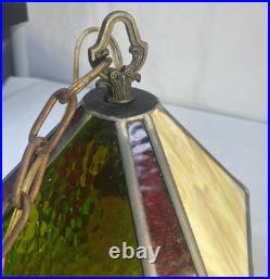 Vtg 1960's Stained Glass Swag Hanging Light Fixture Pendant Lantern 12 x 8.5