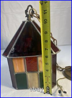 Vtg 1960's Stained Glass Swag Hanging Light Fixture Pendant Lantern 12 x 8.5