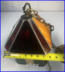Vtg 1960's Stained Glass Swag Hanging Light Fixture Pendant Lantern 12 x 8.5
