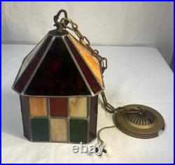 Vtg 1960's Stained Glass Swag Hanging Light Fixture Pendant Lantern 12 x 8.5