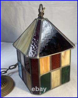 Vtg 1960's Stained Glass Swag Hanging Light Fixture Pendant Lantern 12 x 8.5