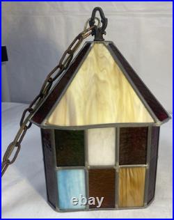 Vtg 1960's Stained Glass Swag Hanging Light Fixture Pendant Lantern 12 x 8.5