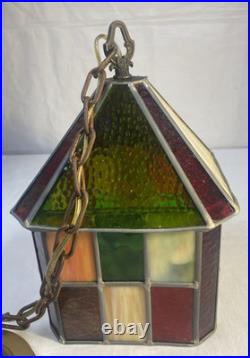 Vtg 1960's Stained Glass Swag Hanging Light Fixture Pendant Lantern 12 x 8.5
