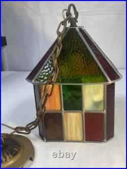 Vtg 1960's Stained Glass Swag Hanging Light Fixture Pendant Lantern 12 x 8.5