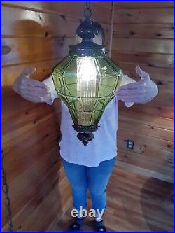 Vtg 1960s/70s MCM Large Retro Geometric Green Glass Hanging Swag Light/lamp