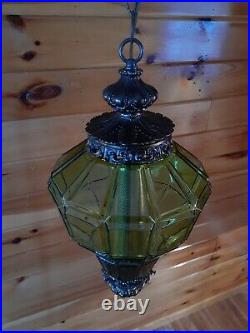 Vtg 1960s 70s MCM Retro Peridot Green Glass Hanging Swag Light/lamp/Fixture