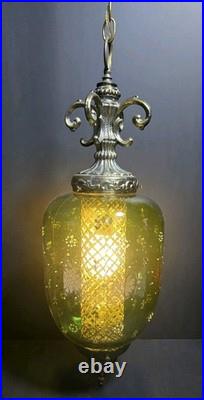 Vtg 1960s Green Flash Glass Painted Decal Swag Lamp MCM Hanging Pendant Light