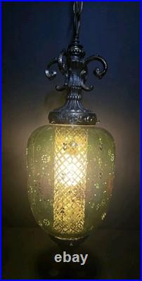 Vtg 1960s Green Flash Glass Painted Decal Swag Lamp MCM Hanging Pendant Light