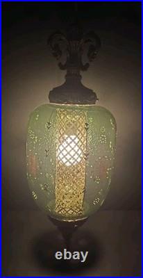 Vtg 1960s Green Flash Glass Painted Decal Swag Lamp MCM Hanging Pendant Light